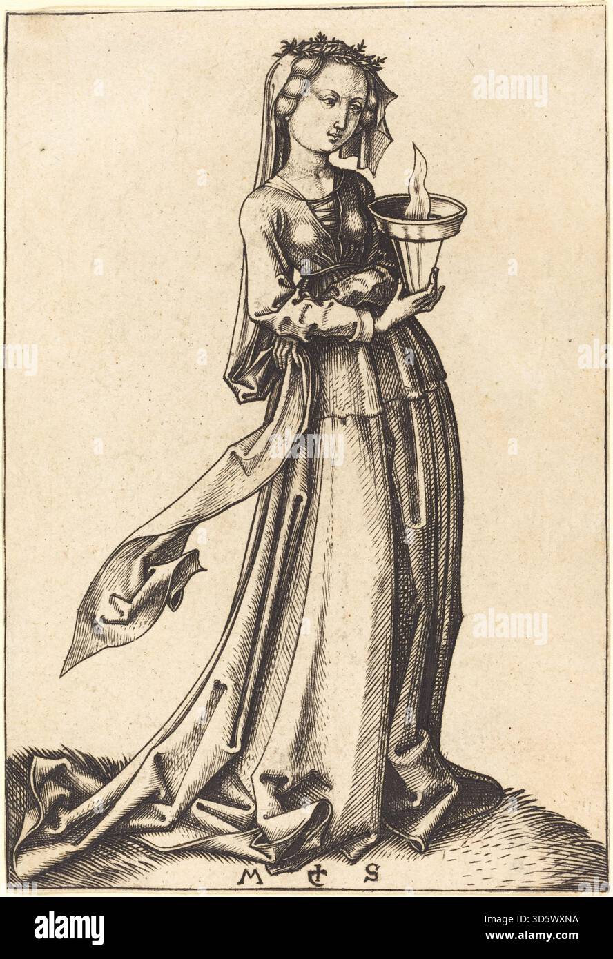 Gravure 'Fourth Wise Virgin' par Martin Schongauer, vers 1490, montrant une vierge sage tenant une lampe, avec draperie détaillée, geste, expression faciale et composition de style gothique. Banque D'Images
