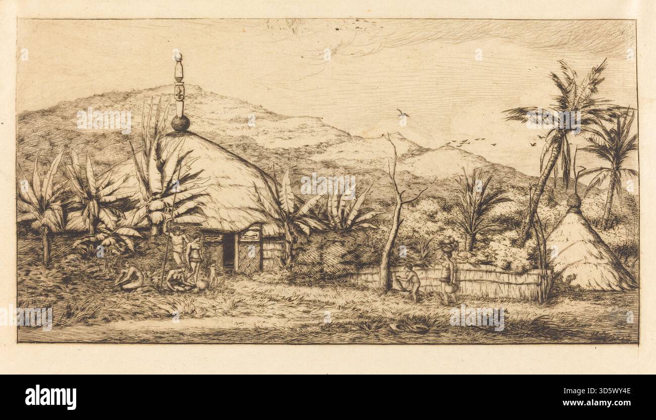 Cette gravure de 1863 de Charles Meryon représente une grande cabane indigène en Nouvelle-Calédonie sur la route de balade à Puebo, datée de 1845. La scène montre la cabane, le paysage environnant, la végétation et la topographie locale. L’œuvre reflète les techniques de gravure du XIXe siècle et la représentation ethnographique du paysage. Banque D'Images