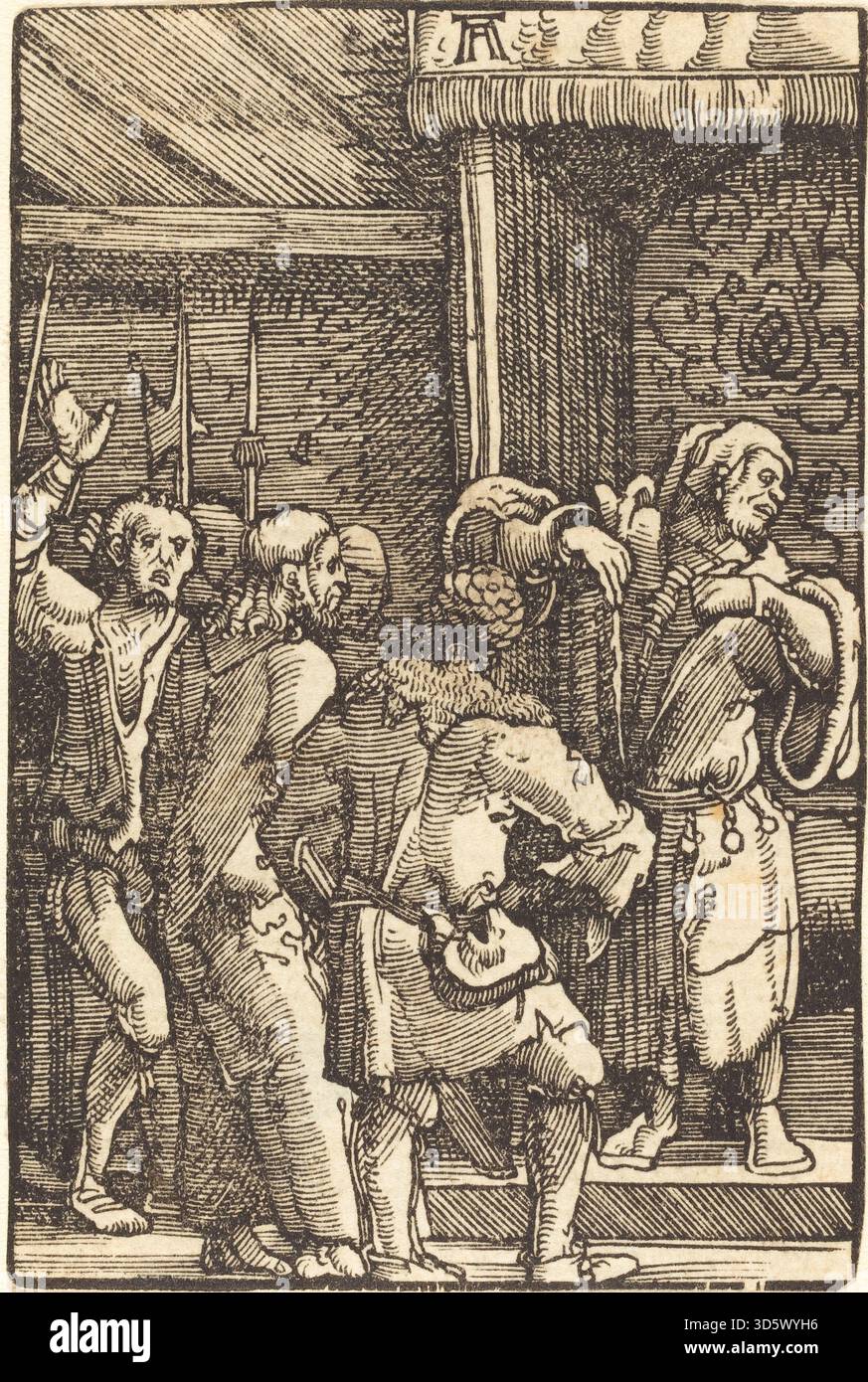 Albrecht Altdorfer c.1513 'Christ Before Caiphas' présente Jésus devant le grand prêtre juif. La peinture se concentre sur les gestes, la posture et les expressions faciales des figures, dans une scène architecturale et intérieure détaillée caractéristique du début de la Renaissance allemande. Banque D'Images