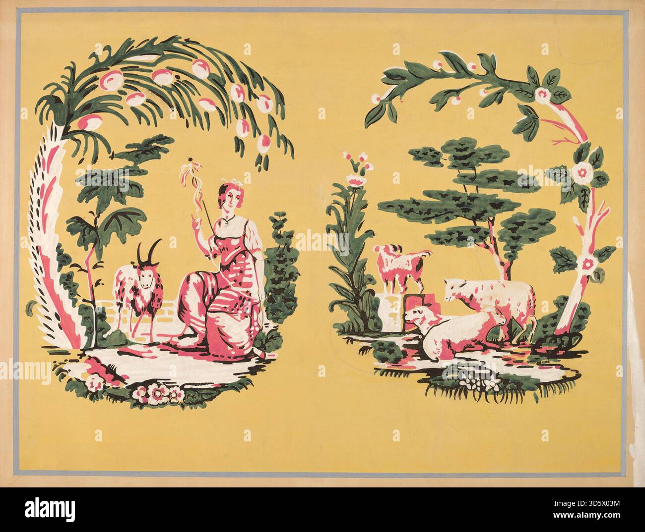 Cette boîte à bande datant de 1936 de Harold Merriam est un conteneur cylindrique en papier ou en matériau léger, avec des motifs décoratifs et des illustrations détaillées. La pièce démontre un rangement fonctionnel et un design domestique. Banque D'Images