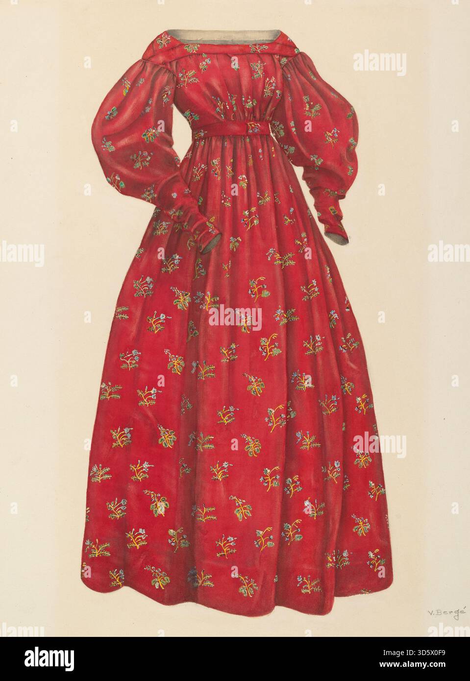 Cette robe de Virginia berge, produite entre 1935 et 1942, comporte un tissu en coton, des manches courtes, un corsage ajusté, une jupe évasée, boutons décoratifs et garnitures, représentant le style vestimentaire américain pour enfants du milieu du XXe siècle. Banque D'Images