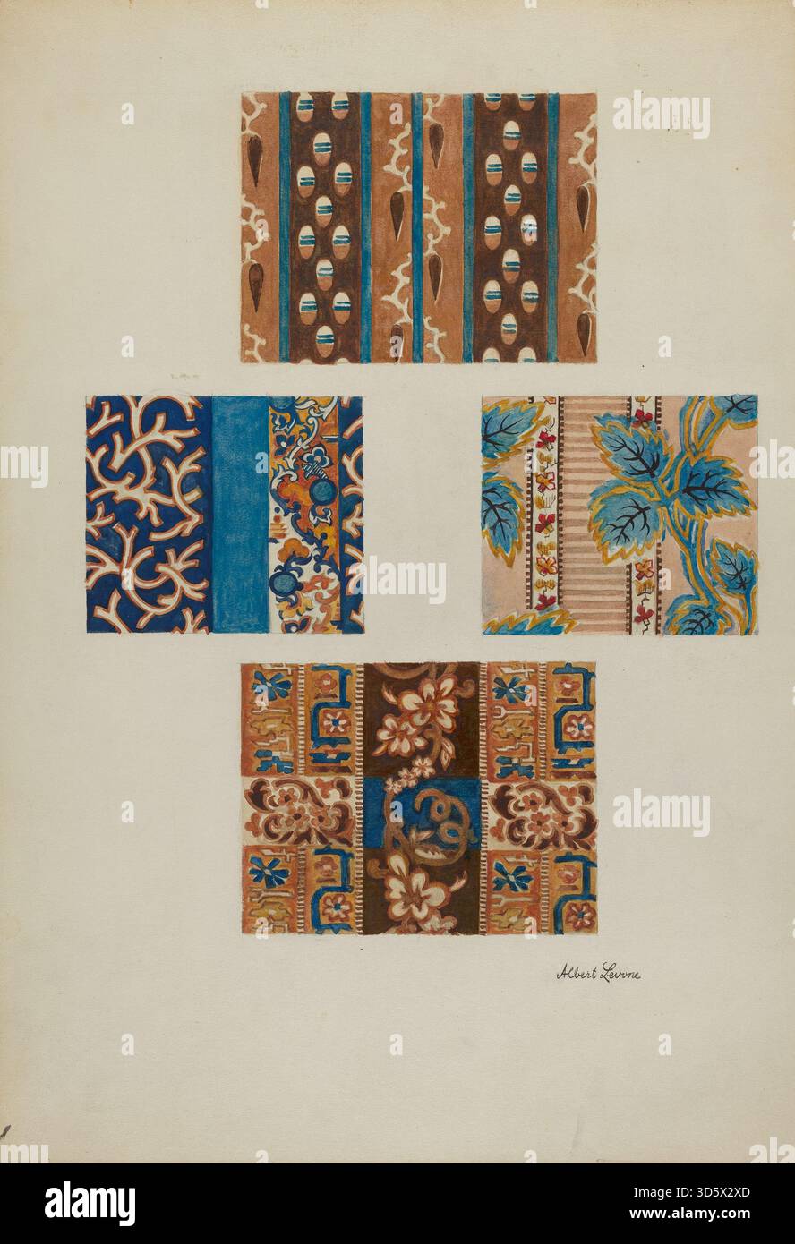 Ce tissu en coton imprimé, créé par Albert Levone vers 1937, présente des motifs répétés typiques du design textile du début du XXe siècle. Le coton est léger et a été destiné à l'habillement ou à un usage décoratif. Banque D'Images
