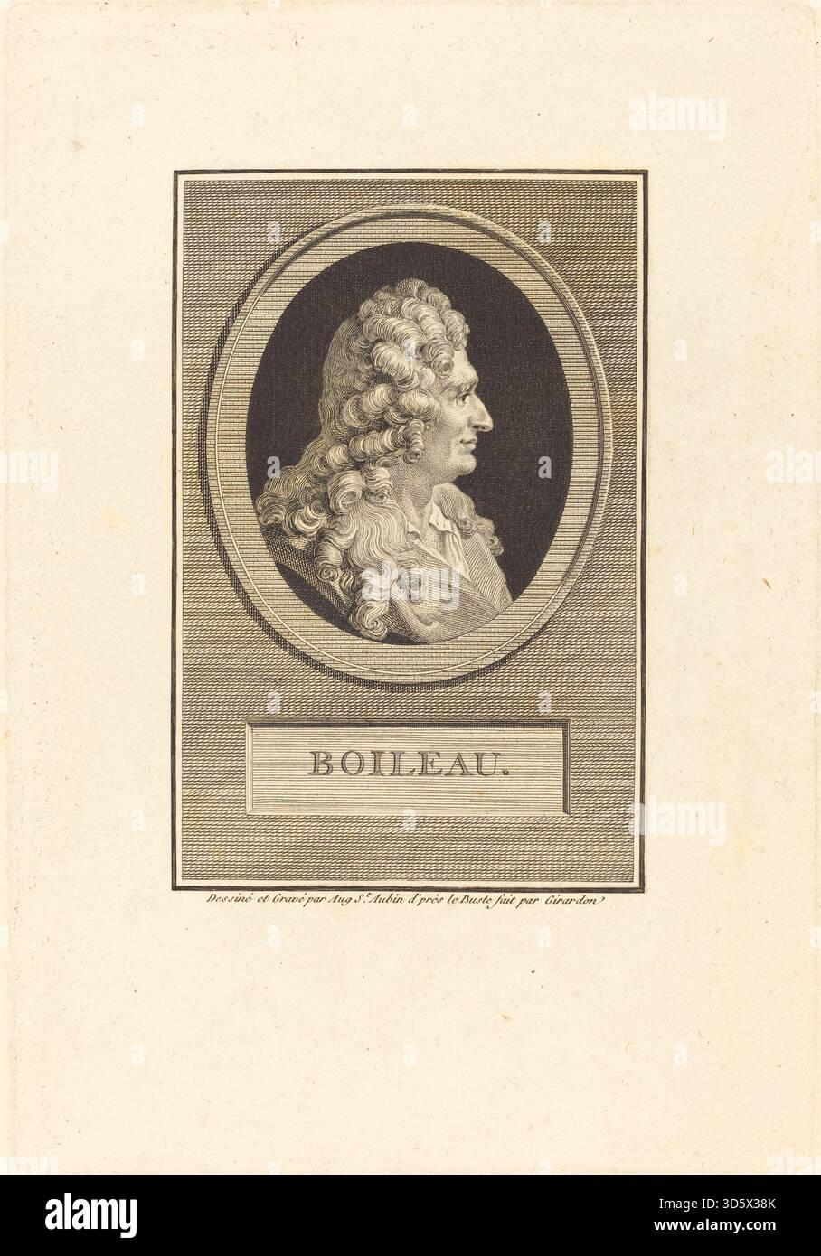 Cette estampe de 1800 d'Augustin de Saint Aubin, d'après François Girardon, représente Despreaux Nicolas Boileau, montrant les traits du visage, l'expression, la posture et la tenue vestimentaire, exécuté en gravure comme une étude de portrait. Banque D'Images