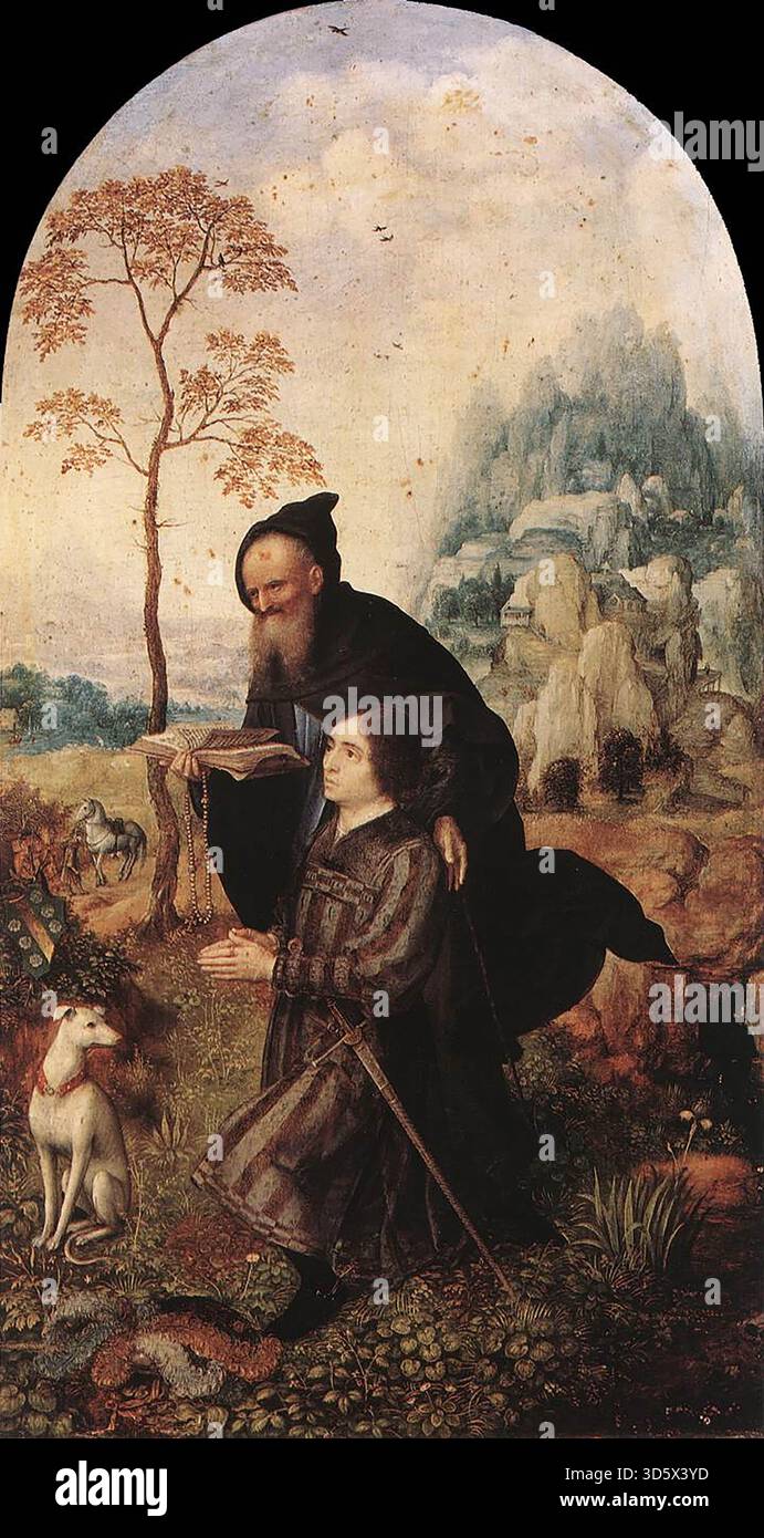 GOSSAERT, Jan (né vers 1478, Maubeuge, d. 1532, Middelburg) Saint Antoine avec un donateur 1508 huile sur panneau (voûté), 40,2 x 22 cm Galleria Doria-Pamphili, Rome en 1508, année de la Ligue de Cambrai contre Venise, le peintre flamand accompagna Philippe de Bourgogne à Rome dans une mission diplomatique qui devait durer jusqu'à l'année suivante. Le voyage a amené le peintre du nord en contact direct avec l’art classique, l’amenant à abandonner le maniérisme gothique et à revenir à l’observation réaliste et à l’analyse visuelle objective. Selon toute vraisemblance, c'est la même année de 1508 qu'il peint Banque D'Images