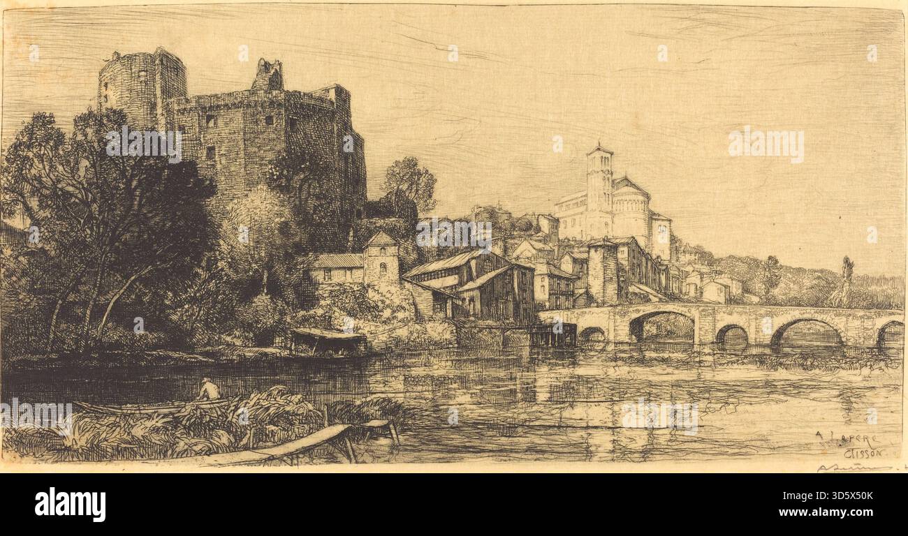 Gravure d'Auguste Lepère, 1909, représentant Clisson dans la basse Loire. L'œuvre montre des bâtiments, des rues, une rivière, un pont, des arbres, collines et ciel, reflétant le paysage urbain et architectural français du début du XXe siècle. Banque D'Images