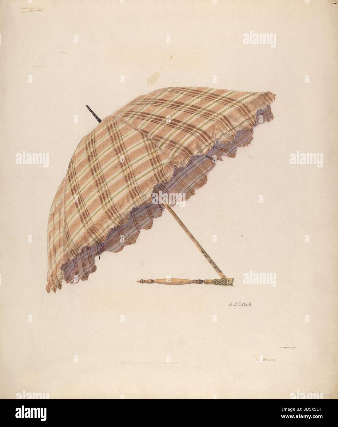 Représentation d'un parasol de 1938 montrant son auvent, sa poignée, ses nervures et son design décoratif couramment utilisés pour la protection solaire et la mode. Banque D'Images