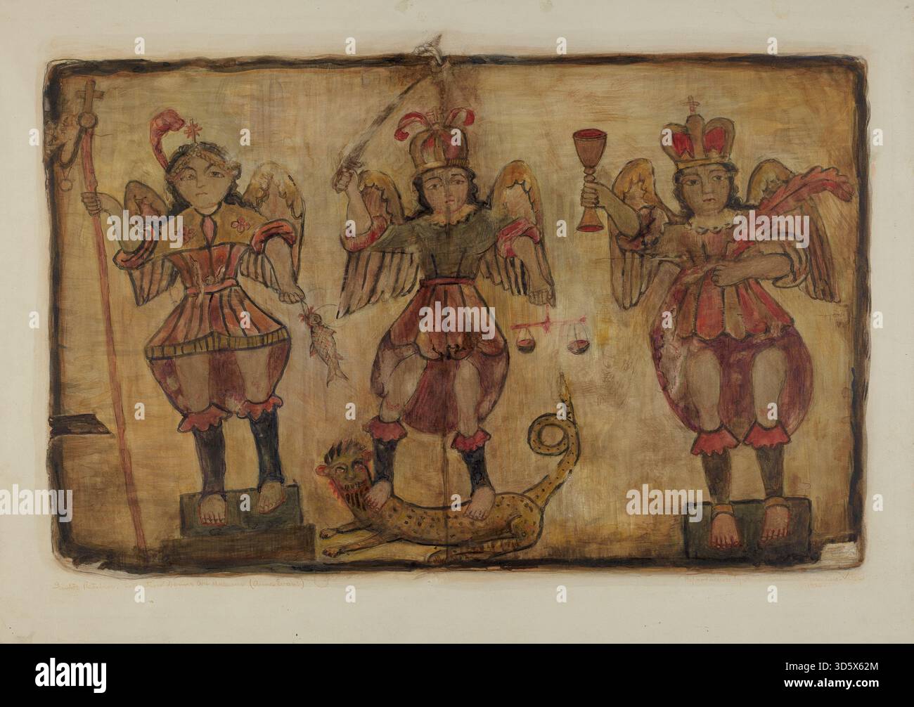 Ces « Santos Retablos » de Maude Valle, 1936, sont des peintures de dévotion religieuse représentant des saints, des figures, des halos, une iconographie et une composition décorative typique du peuple américain du début du XXe siècle Banque D'Images