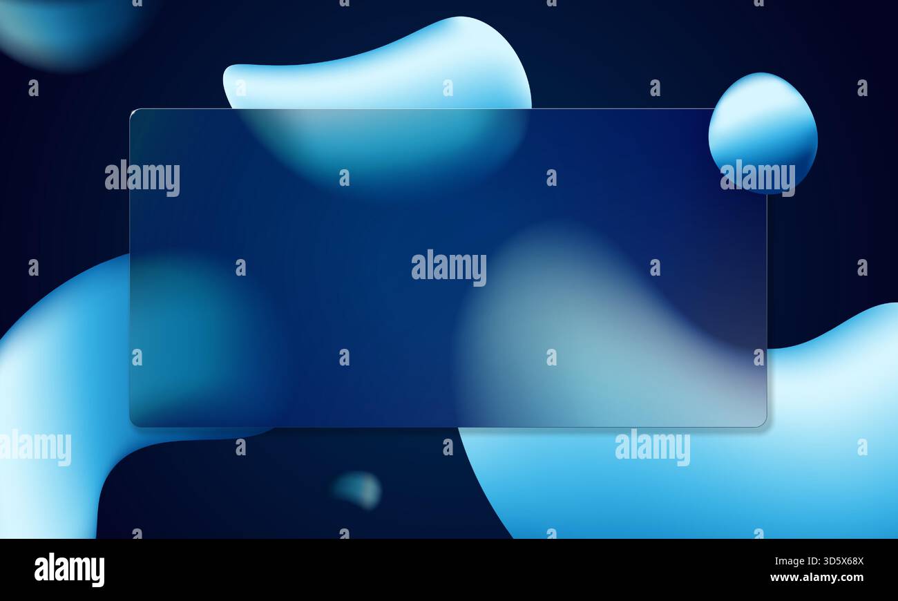 Les formes de morphing lisses vitreuses et la texture glassmorphisme givrée créent une interface bleue lumineuse. L'effet de morphisme de verre flou et la carte géométrique forment une mise en page numérique élégante pour l'application, l'affiche et l'atterrissage Illustration de Vecteur