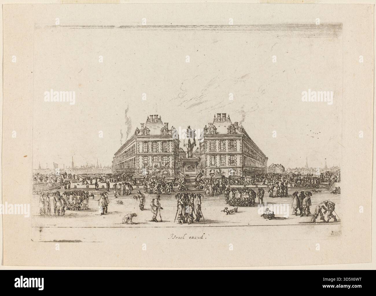 Cette gravure de 1642 de Stefano Della Bella représente la place Dauphine à Paris, montrant des bâtiments, des rues, des gens, un paysage urbain, détails architecturaux et techniques de gravure du xviie siècle. Banque D'Images