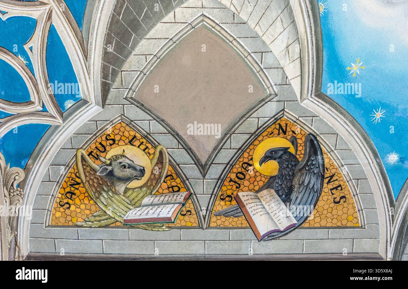 Peinture religieuse illustrant les évangiles, chapelle italienne, Orcades, Écosse, Royaume-Uni Banque D'Images