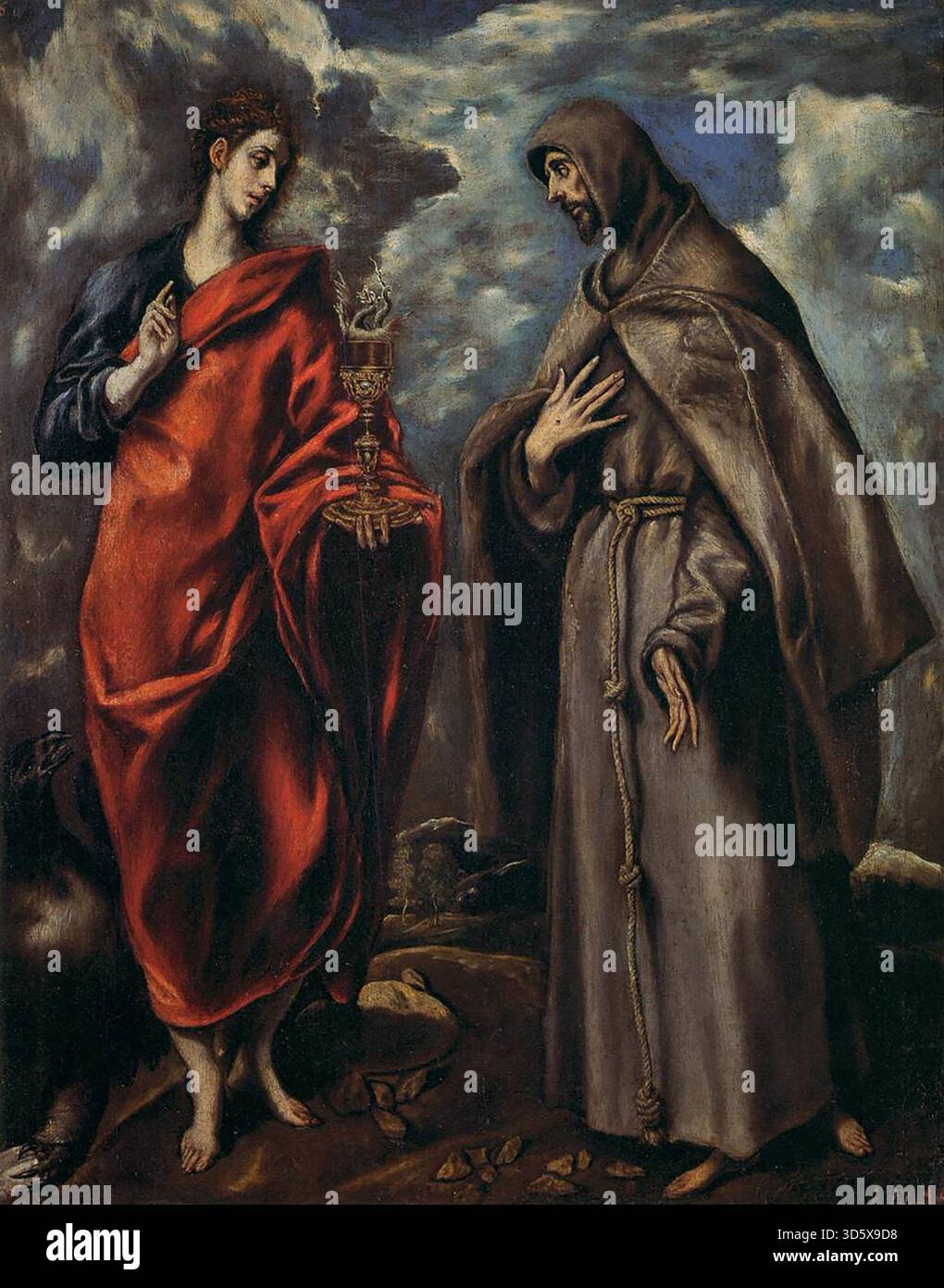 GRECO, El (né en 1541, Candia, d. en 1614, Tolède) Sts Jean et François c. 1600 huile sur toile, 110 x 86 cm Galleria degli Uffizi, Florence le dragon dans le gobelet tenu par la figure de gauche est tiré d'une légende de Jean l'évangéliste, les cieux turbulents derrière lui expriment l'inspiration divine. Contre un ciel serein, François affiche ses mains blessées - le saint aurait miraculeusement reçu les stigmates du Christ sur la Croix. --- mots-clés : ------------- Auteur : GRECO, El titre : STS John et Francis chronologie : 1551-1600 École : Espagnol forme : peinture type : religieux Banque D'Images