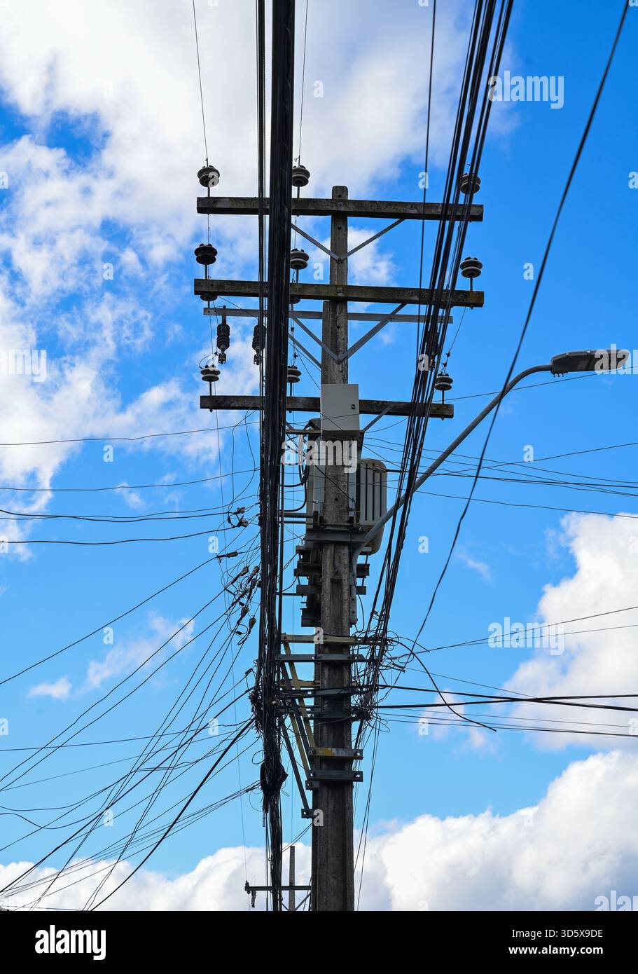 Chili Patagonia Carretera Austral, Coyhaique, lignes électriques Banque D'Images