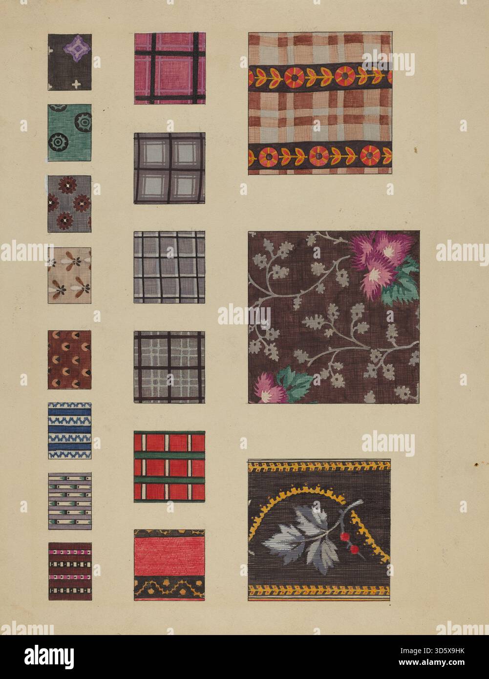 Delaines imprimées par Millia Davenport de circa 1936 avec des tissus de coton légers avec des motifs floraux et géométriques décoratifs, des motifs répétés et des variations de couleurs. Banque D'Images
