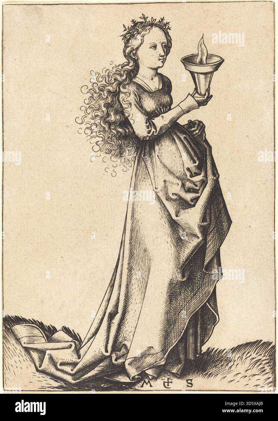 Gravure 'First Wise Virgin' par Martin Schongauer, vers 1490, représentant l'une des vierges sages avec lampe, draperie détaillée, geste, expression faciale et composition gothique. Banque D'Images