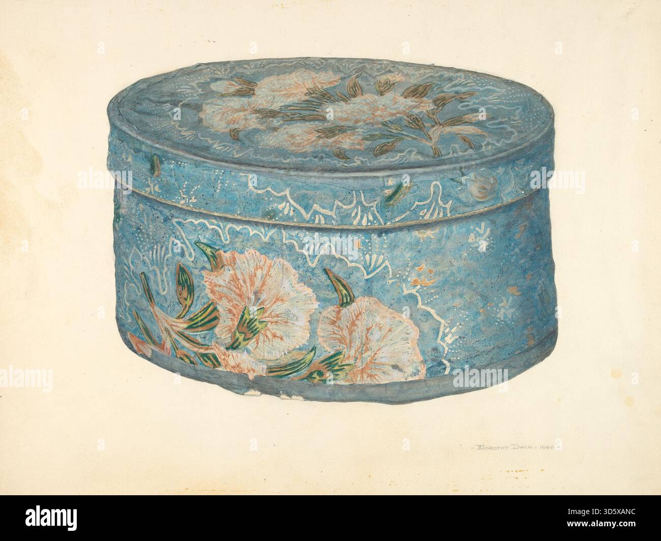 Bandbox de Dorothy Dwin, 1940, un conteneur de stockage cylindrique en carton ou en bois léger, utilisé pour contenir des chapeaux ou de petits objets, avec une décoration peinte et des caractéristiques de l'artisanat folklorique américain du début du XXe siècle. Banque D'Images