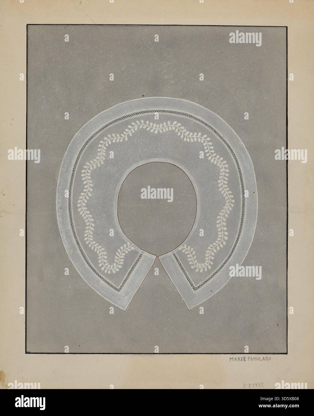 Ce col en lin brodé, créé par Marie Famularo vers 1936, arbore de fines aiguilles sur un tissu en lin léger. Le col présente des motifs de broderie détaillés typiques de l'époque et démontre l'artisanat dans la conception textile décorative. Banque D'Images