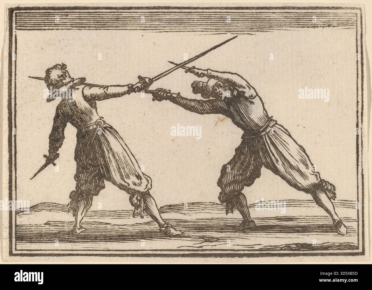 Cette estampe de 1621 d'Edouard Eckman d'après Jacques Callot représente deux hommes en duel avec des épées et des poignards, montrant des vêtements, une posture et une technique d'escrime. Banque D'Images