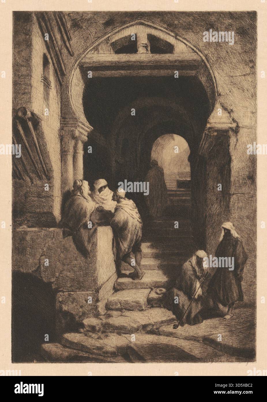 Cette gravure de 1879 de Stephen James Ferris représente Devils Way à Alger, montrant la rue, des figures, des bâtiments, des détails architecturaux, vêtements locaux, paysages et techniques de gravure américaines de la fin du XIXe siècle. Banque D'Images