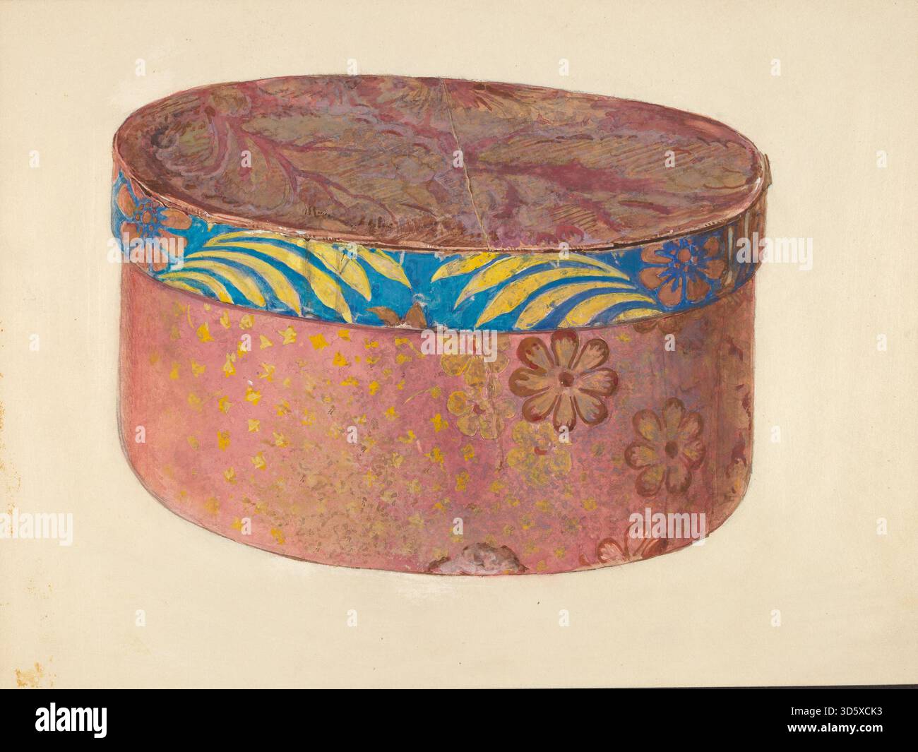 Une boîte à bande Gilbert Sackerman 1939, cylindrique avec couvercle, conçue pour ranger des chapeaux ou de petits objets personnels. L'objet met l'accent sur un design pratique, des matériaux légers et des qualités décoratives typiques de l'artisanat européen de studio du début du XXe siècle. Banque D'Images