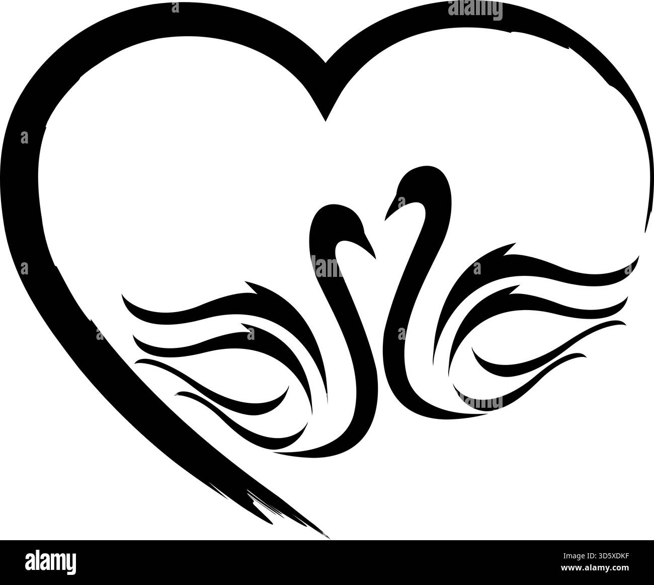 Deux cygnes et un coeur dessiné, étiquette autocollante cygne, logo cygne Illustration de Vecteur