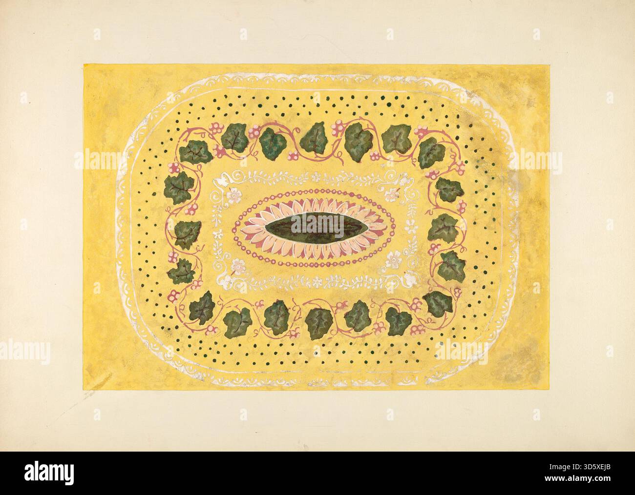 Cette boîte à bande datant de 1941 de Harold Merriam arbore un motif décoratif Castle Garden. Le conteneur cylindrique est fait de papier ou de matériau léger et montre l'illustration détaillée, la conception d'époque et le stockage fonctionnel. Banque D'Images