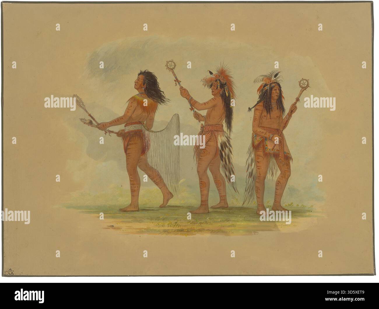 Cette peinture de 1861 de George Catlin représente trois joueurs de balle célèbres des tribus Choctaw, Sioux et Ojibbeway, montrant des figures, des vêtements traditionnels, équipement de jeu de balle, mouvement dynamique et paysage extérieur. Banque D'Images