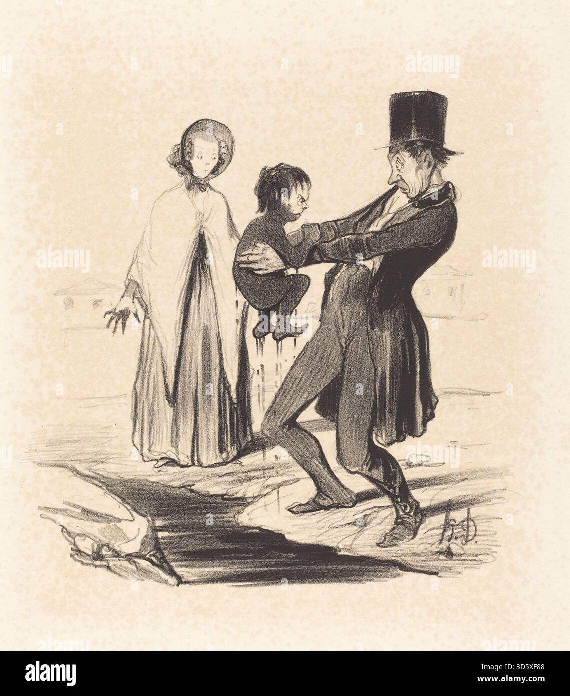 Une lithographie d'Honoré Daumier de 1841 intitulée 'le puits de Grenelle' représentant le puits Grenelle, montrant des figures, l'architecture, l'eau, l'activité quotidienne, et paysage urbain à Paris, France. Banque D'Images