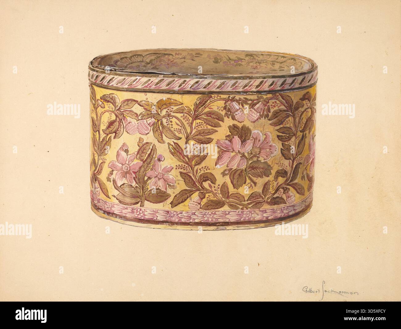 Cette boîte à bandbox 1939 de Gilbert Sackerman est un petit conteneur cylindrique utilisé pour ranger des chapeaux ou des objets personnels. Il dispose d'un couvercle ajusté, d'une construction légère et d'un design simple mais décoratif, illustrant l'artisanat de studio du début du XXe siècle. Banque D'Images