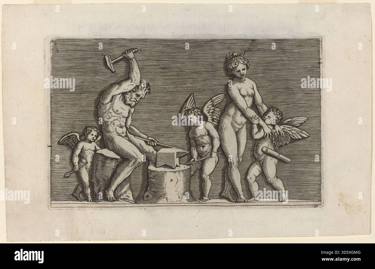 Cette estampe de Marco Dente représente Vulcan à la forge. L'œuvre met l'accent sur la figure humaine, la posture, le geste, l'anatomie musculaire, les outils de forge, composition et style de gravure Renaissance, reflétant l'illustration mythologique italienne du début du XVIe siècle. Banque D'Images