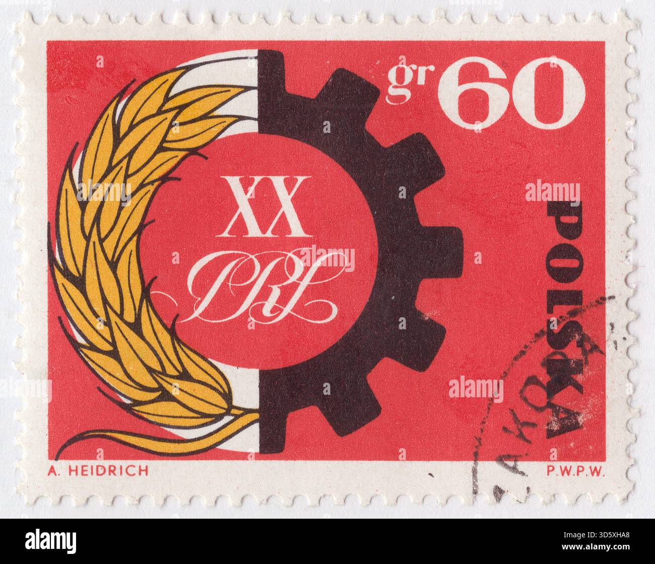 POLOGNE — 21 juillet 1964 : timbre-poste rouge, orange et noir de 60 grosz représentant une partie de la roue dentée et une oreille de blé, symboles de l'Alliance paysanne-ouvrier. République populaire de Pologne, 20 ans Banque D'Images