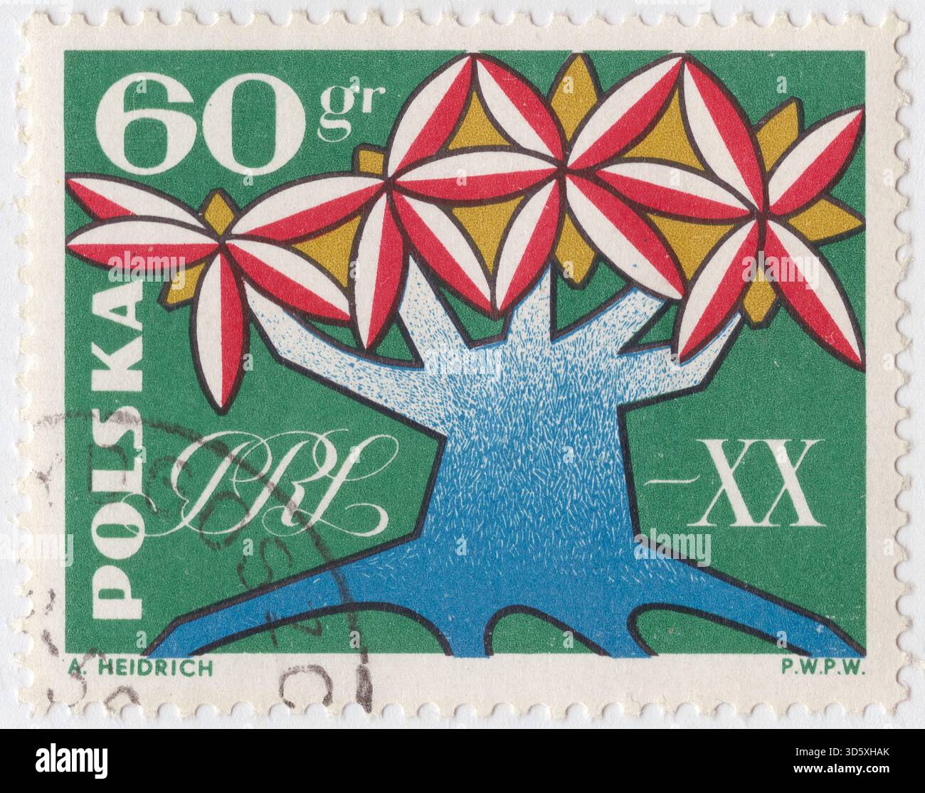 POLOGNE — 21 juillet 1964 : timbre-poste rouge, orange et noir de 60 grosz représentant le chêne stylisé comme symbole d'un État puissant. République populaire de Pologne, 20 ans Banque D'Images