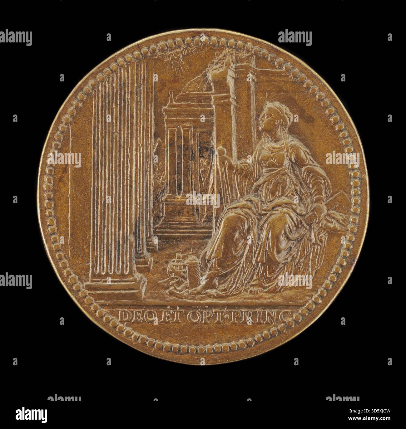 Un médaillon de 1578 de Jacopo Nizzola da Trezzo montrant la figure allégorique de l'architecture tenant une boussole et un carré, symbolisant le design, la mesure et les principes architecturaux. Affiché en vue inversée. Banque D'Images