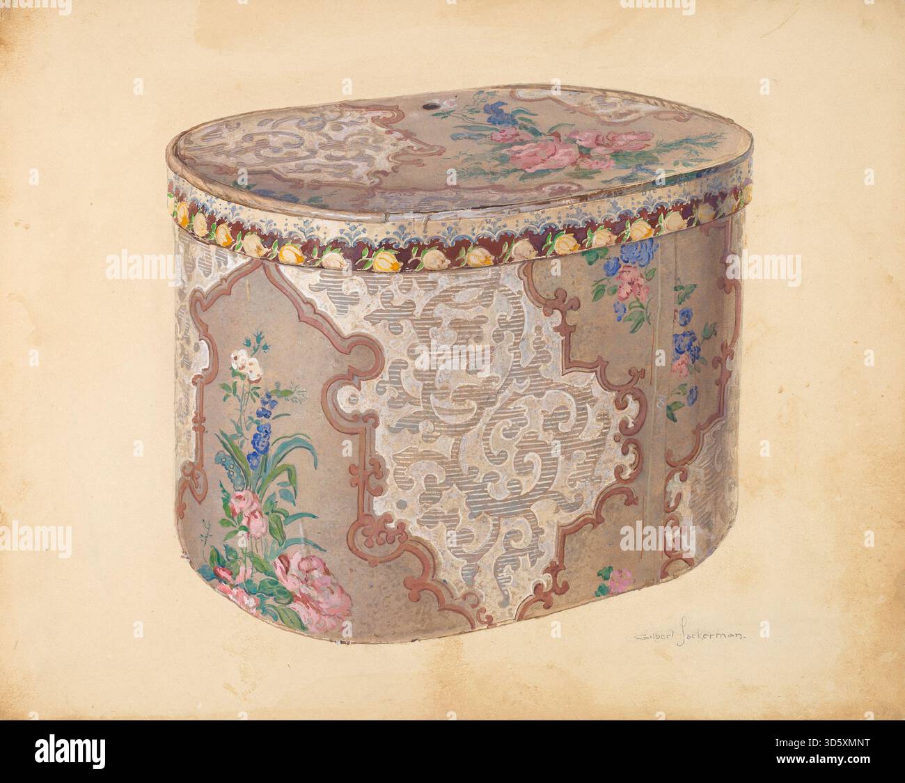 Un bandbox Gilbert Sackerman de 1939, conçu comme un conteneur cylindrique avec un couvercle pour ranger des chapeaux ou de petits objets. La pièce démontre un design de studio fonctionnel, des matériaux légers et un savoir-faire décoratif du début du XXe siècle. Banque D'Images