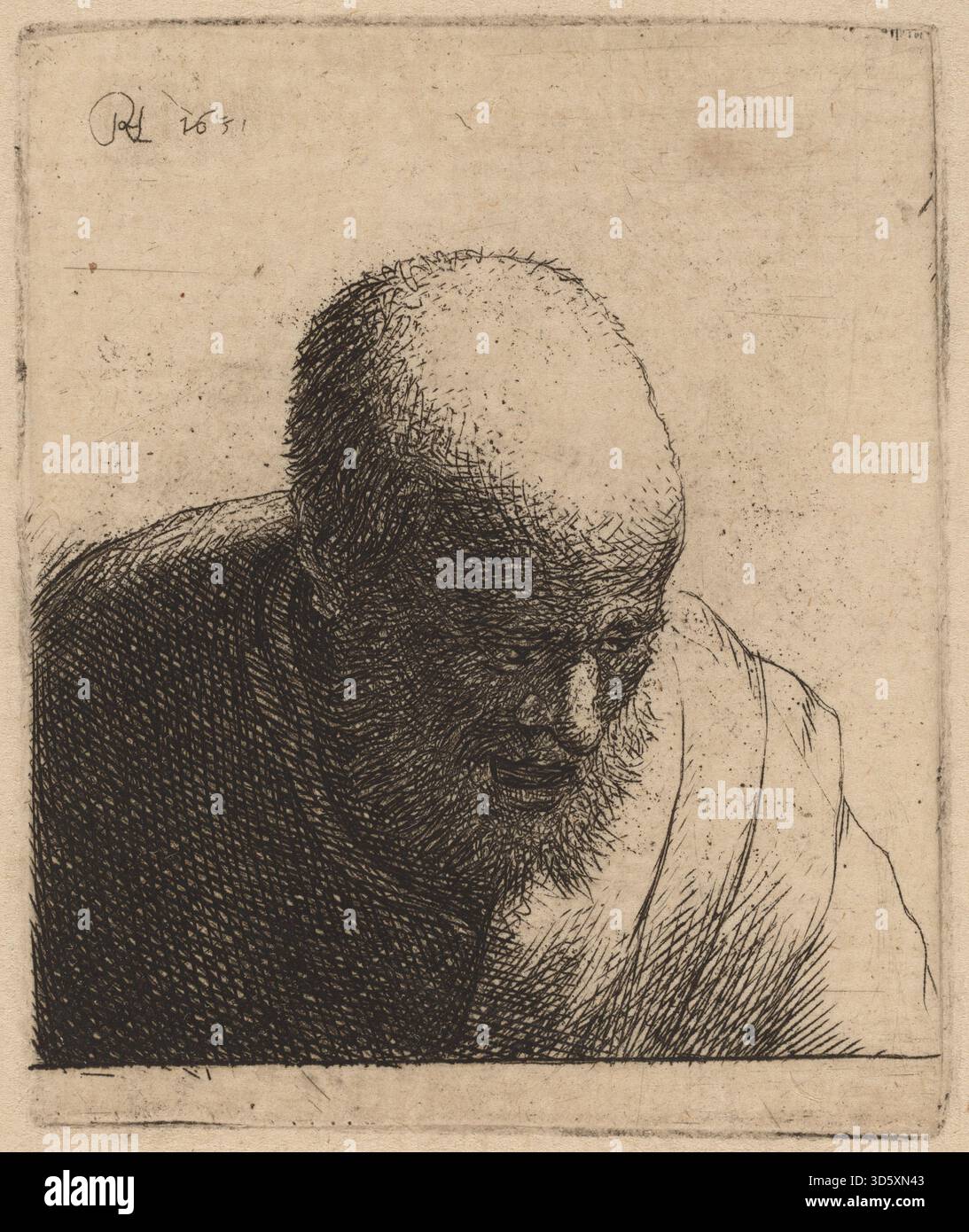 Un dessin réalisé vers 1630 par Rembrandt van Rijn et son studio représentant un homme chauve la bouche ouverte regardant vers le bas, montrant l'expression faciale détaillée, la posture et le rendu typique des dessins néerlandais du XVIIe siècle. Banque D'Images