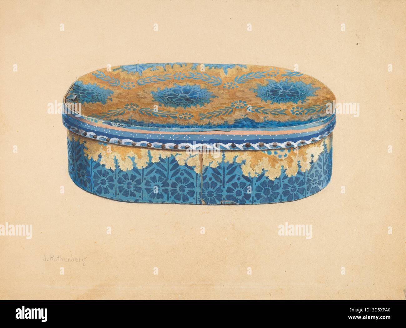 Cette boîte à bande 1939 de Joseph Rothenberg présente une structure ronde en carton, un couvercle amovible, une surface peinte lisse, un rangement fonctionnel pour chapeaux, une construction légère et un design d'arts décoratifs américains typique de la fin des années 1930 Banque D'Images