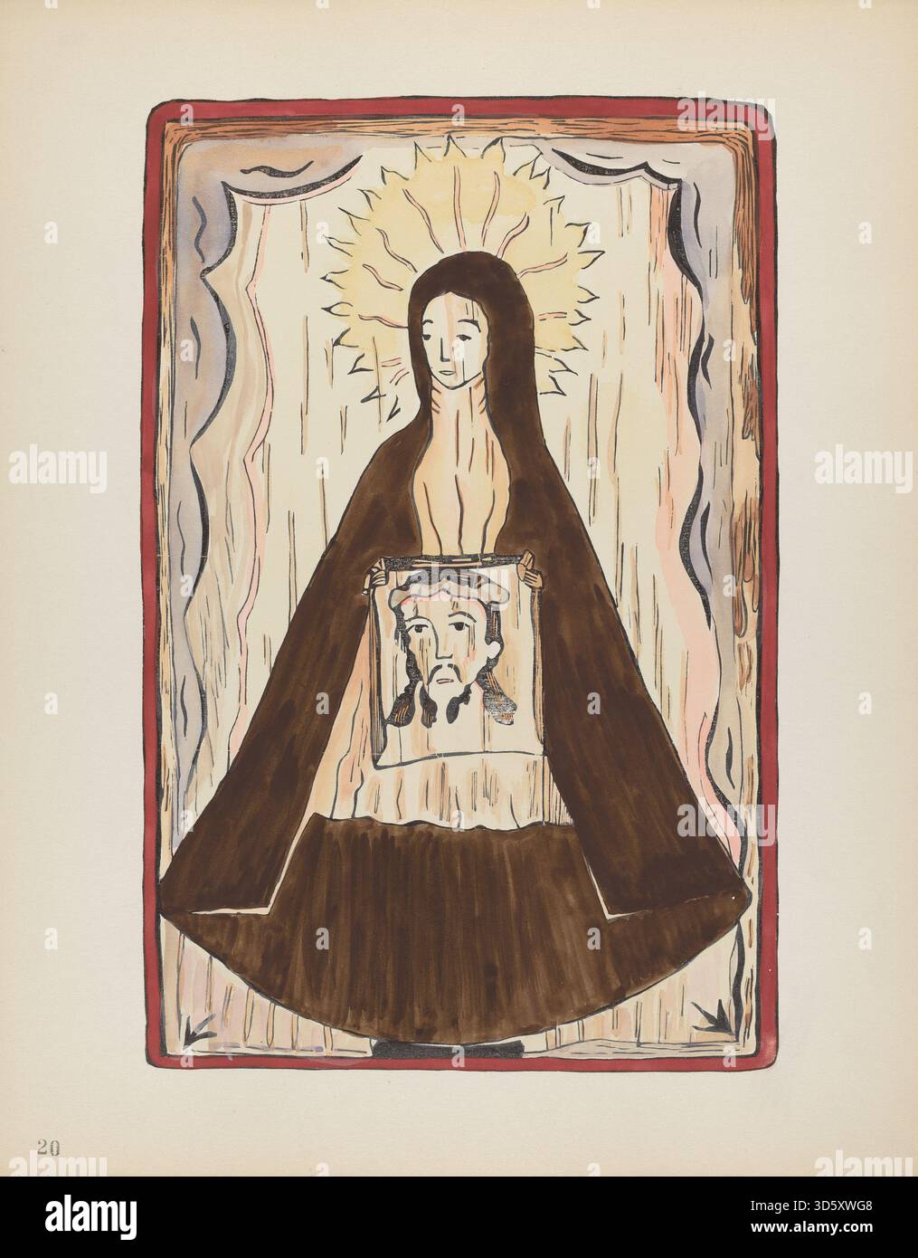 Cette œuvre d'art, planche 20 d'un portfolio américain du XXe siècle, représente Sainte Véronique, montrant sa figure, son geste, son expression faciale, et motifs décoratifs coloniaux espagnols du Nouveau-Mexique, mettant l'accent sur les détails et la composition de l'impression. Banque D'Images