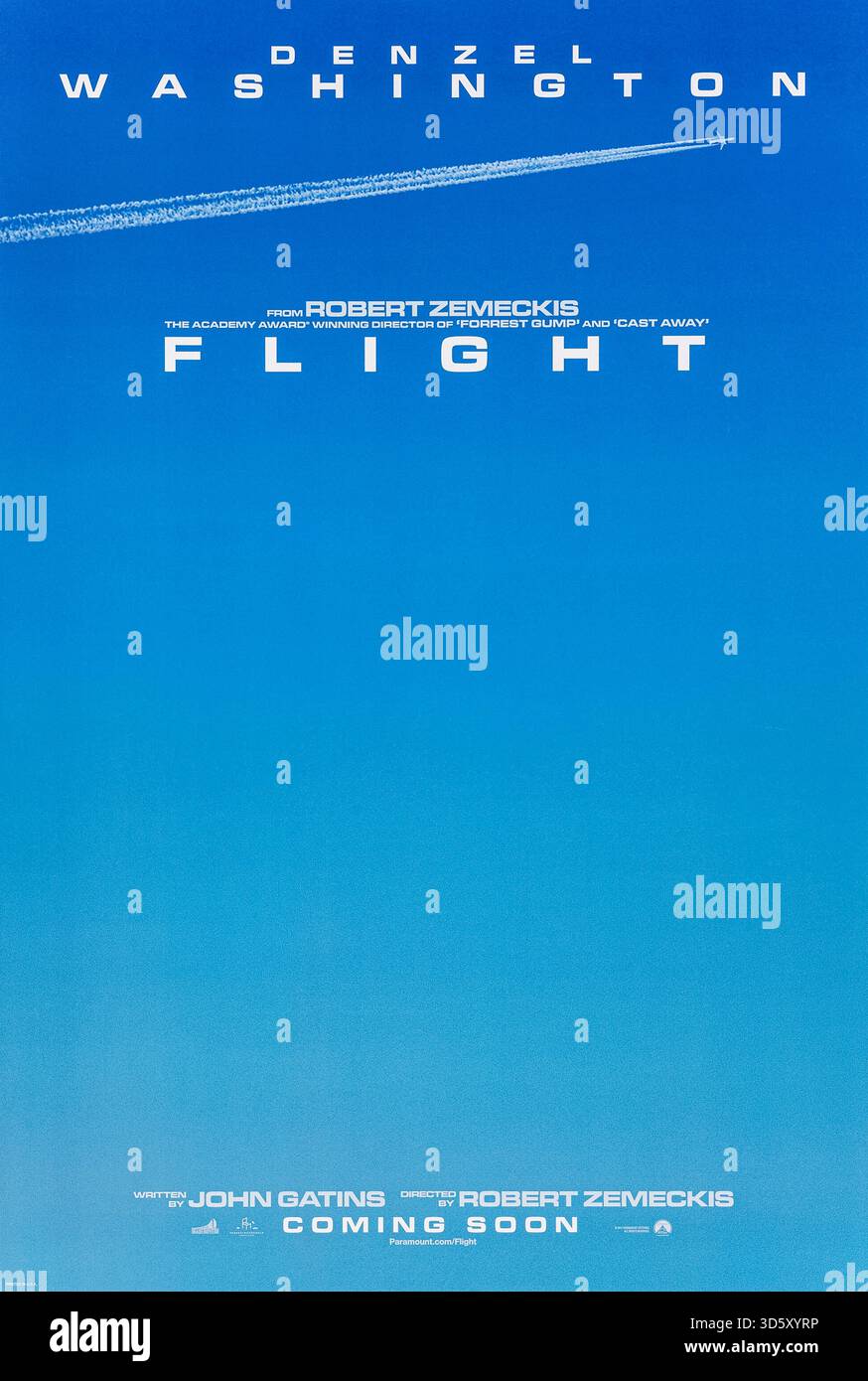 Vol (2012) réalisé par Robert Zemeckis avec Denzel Washington, Don Cheadle et Kelly Reilly. Un pilote de ligne s'écrase miraculeusement sur un avion défaillant mais fait face à un examen minutieux lorsque son abus de substances est révélé. Photographie d'une affiche originale US Advance de 2012 À USAGE ÉDITORIAL EXCLUSIF. Crédit : BFA / Paramount Pictures Banque D'Images