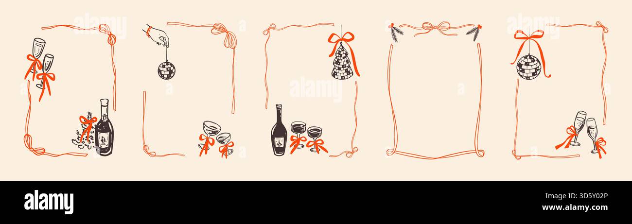 Cadre de Noël en crayon dessiné à la main avec noeud festif et ornements vintage, bordure fantaisiste avec rubans de fête, boules disco et champagne g. Illustration de Vecteur