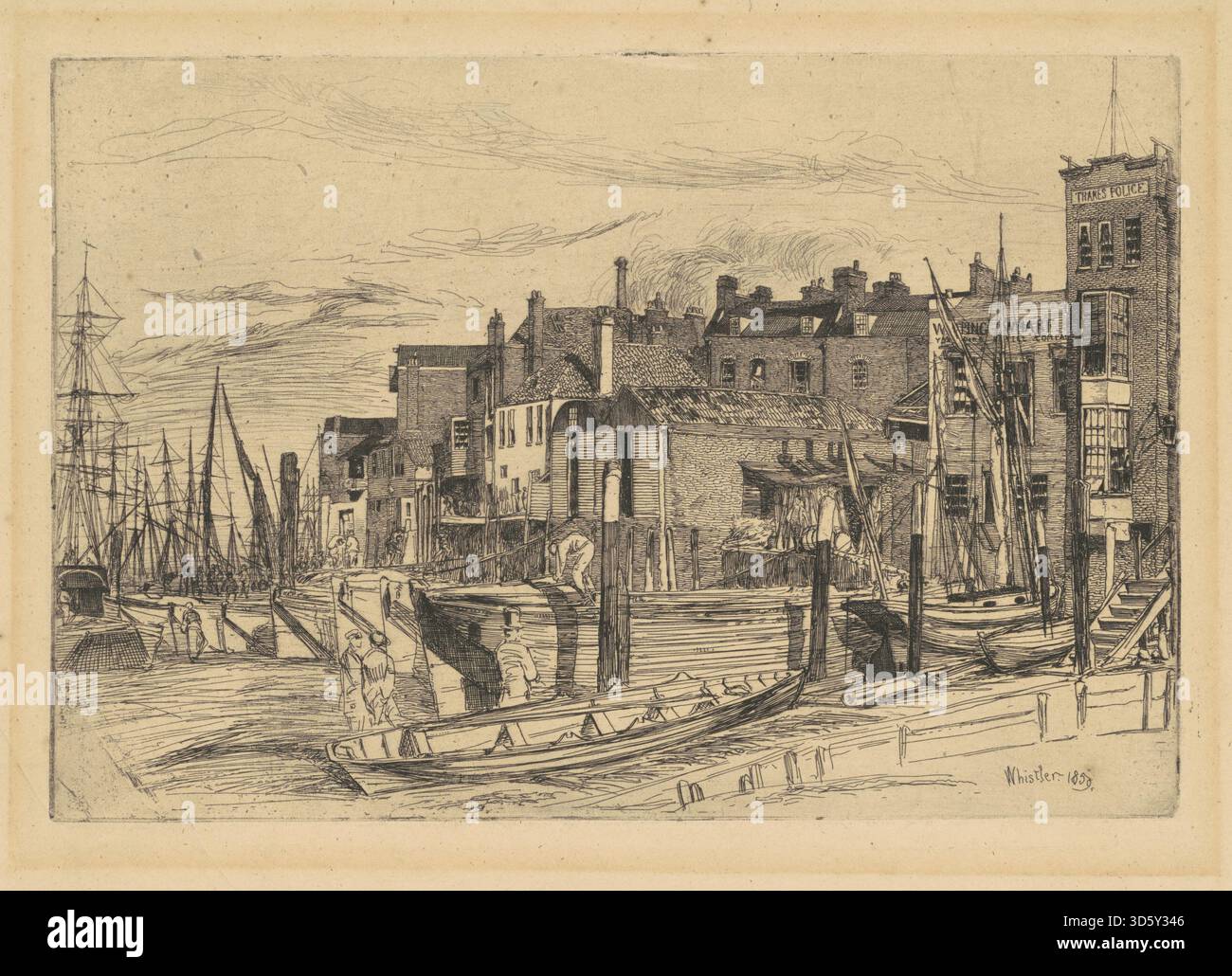 Cette œuvre de James McNeill Whistler de 1859 représente des bateaux de police le long de la Tamise, capturant le front de mer industriel et l'activité de patrouille à Londres au milieu du XIXe siècle. La peinture met l'accent sur la rivière, les bateaux et l'architecture urbaine environnante. Banque D'Images