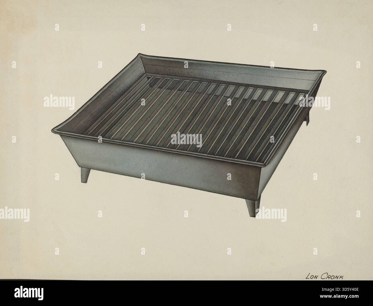 Cet égouttoir à vaisselle Shaker, fabriqué par Lon Cronk vers 1941, est construit en étain et reflète le design utilitaire des ustensiles de cuisine Shaker, avec un cadre rectangulaire avec des fentes verticales pour sécher la vaisselle à l'air et une forme simple et fonctionnelle. Banque D'Images