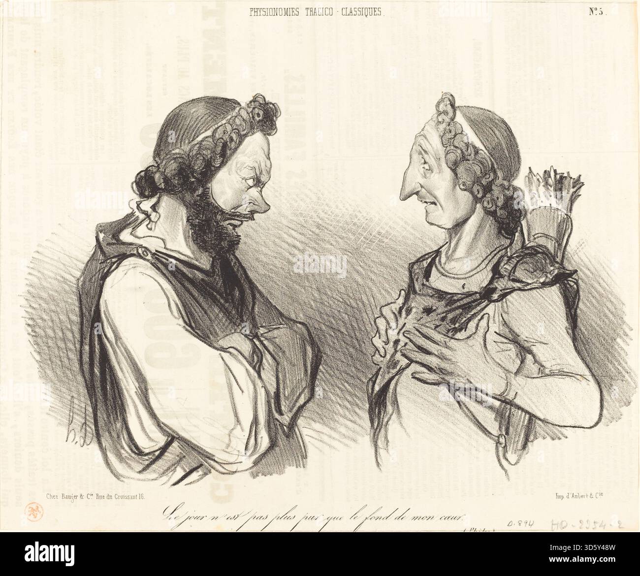 Cette lithographie de 1841 d’Honoré Daumier, intitulée le jour n’est pas plus pur, représente des figures interagissant sous la lumière du jour, montrant des gestes, des expressions et des dynamiques sociales caractéristiques du travail d’observation de Daumier. Banque D'Images