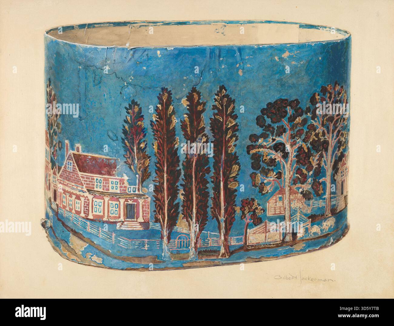 Cette boîte à bande, créée par Gilbert Sackerman vers 1939, est un conteneur cylindrique généralement utilisé pour ranger des chapeaux ou de petits objets personnels. Il dispose d'un couvercle, d'une construction légère et d'un design simple, reflétant l'artisanat décoratif du début du XXe siècle et des objets de studio fonctionnels. Banque D'Images