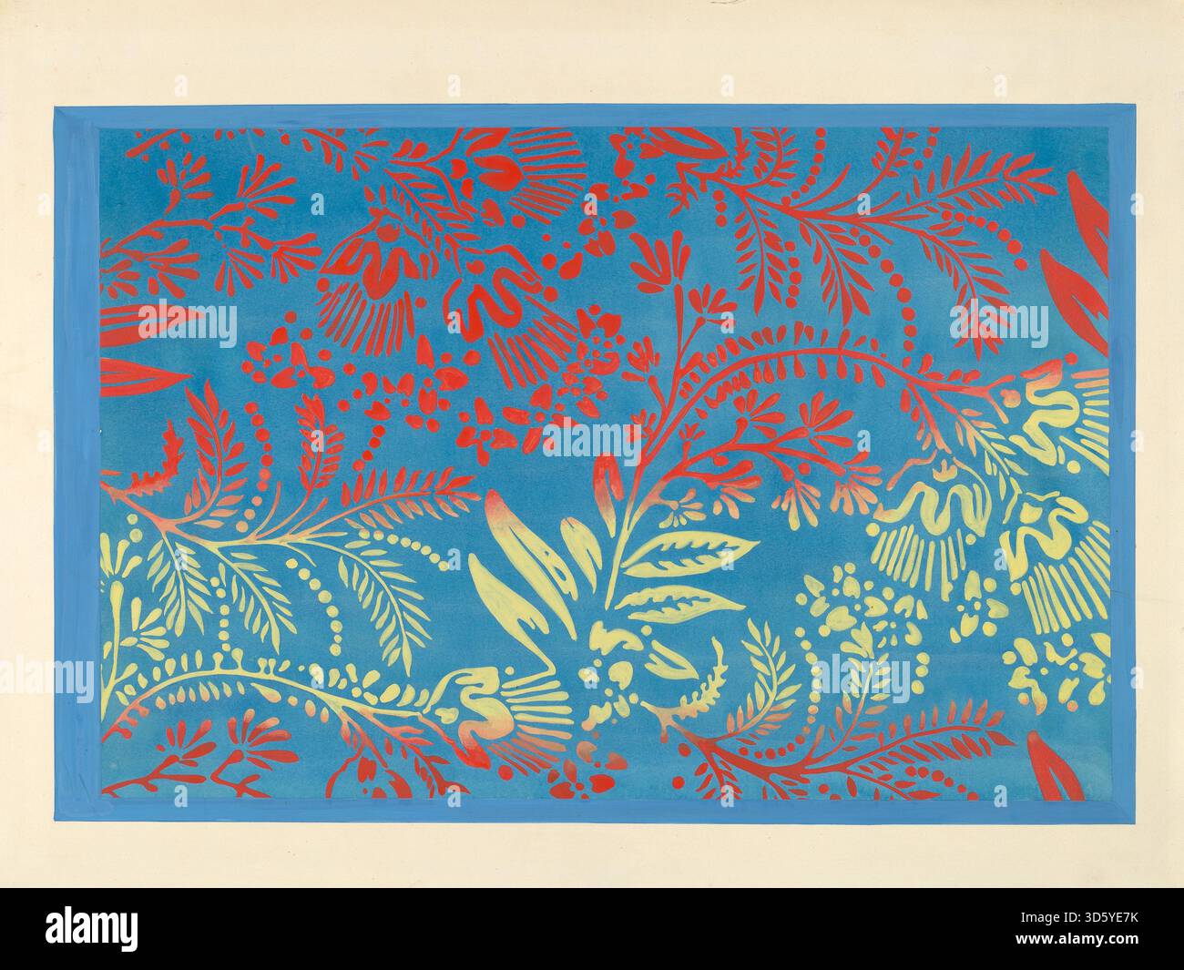 Cette boîte à banderoles de Harold Merriam, produite entre 1935 et 1942, est un conteneur cylindrique en papier ou en matériau léger. Il présente des motifs décoratifs et des illustrations typiques du stockage fonctionnel domestique de l'époque. Banque D'Images