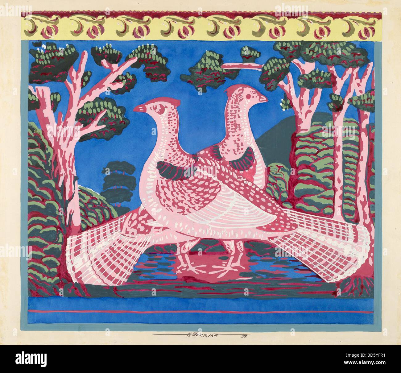 Cette boîte à bandbox 1937 de Harold Merriam présente un design Grouse. Le conteneur est cylindrique, fait de papier ou de matériau léger, avec des images de chasse décoratives et un stockage fonctionnel. Banque D'Images