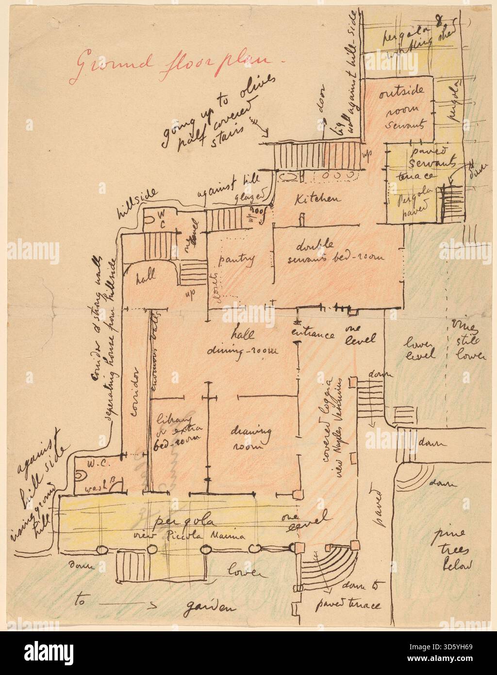 Le plan du rez-de-chaussée de Vedder vers 1905 pour Torre Quatro Venti montre la disposition architecturale, la configuration de la pièce, les éléments structurels et les détails de conception dans un dessin architectural détaillé. Banque D'Images
