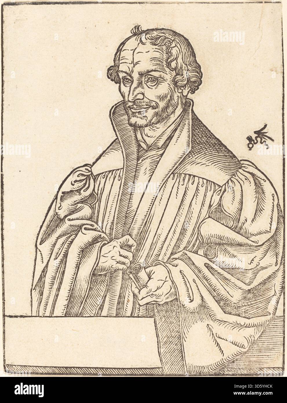 Ce portrait en demi-longueur de Lucas Cranach the Younger montre Philip Melanchthon debout derrière un bas poitrail, légèrement tourné vers la gauche, vêtu d’une robe de savant et tenant un livre, sur fond neutre. L'œuvre reflète le portrait humaniste allemand du milieu du XVIe siècle reliant les réformateurs et la culture princière. Banque D'Images
