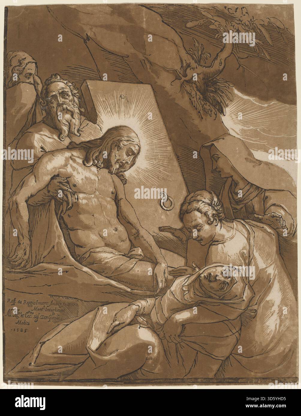 La mise en demeure, 1585, par Andrea Andreani, d'après Raffaello Motta, représente l'enterrement du Christ, montrant des personnages dans le deuil, les draperies, les gestes, les expressions faciales et l'environnement environnant, exécuté en gravure avec un style de composition Renaissance. Banque D'Images