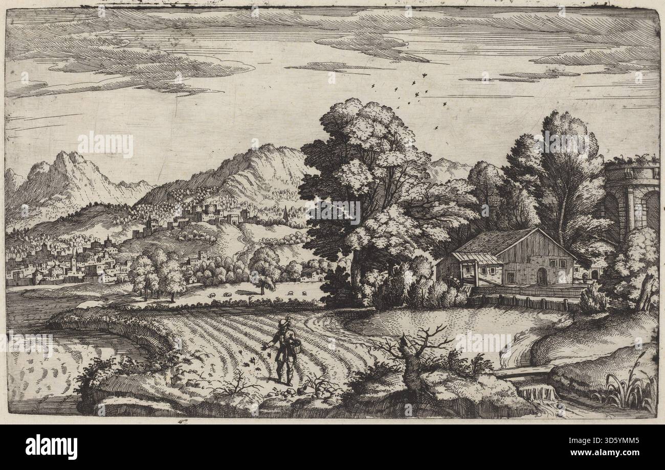 Cette peinture de 1572–1573 de Giovanni Battista Fontana représente un paysage montagneux mettant en vedette la parabole du semeur. La composition met l'accent sur la topographie naturelle, les figures humaines semant des graines et les techniques paysagères de la Renaissance dans la peinture italienne. Banque D'Images