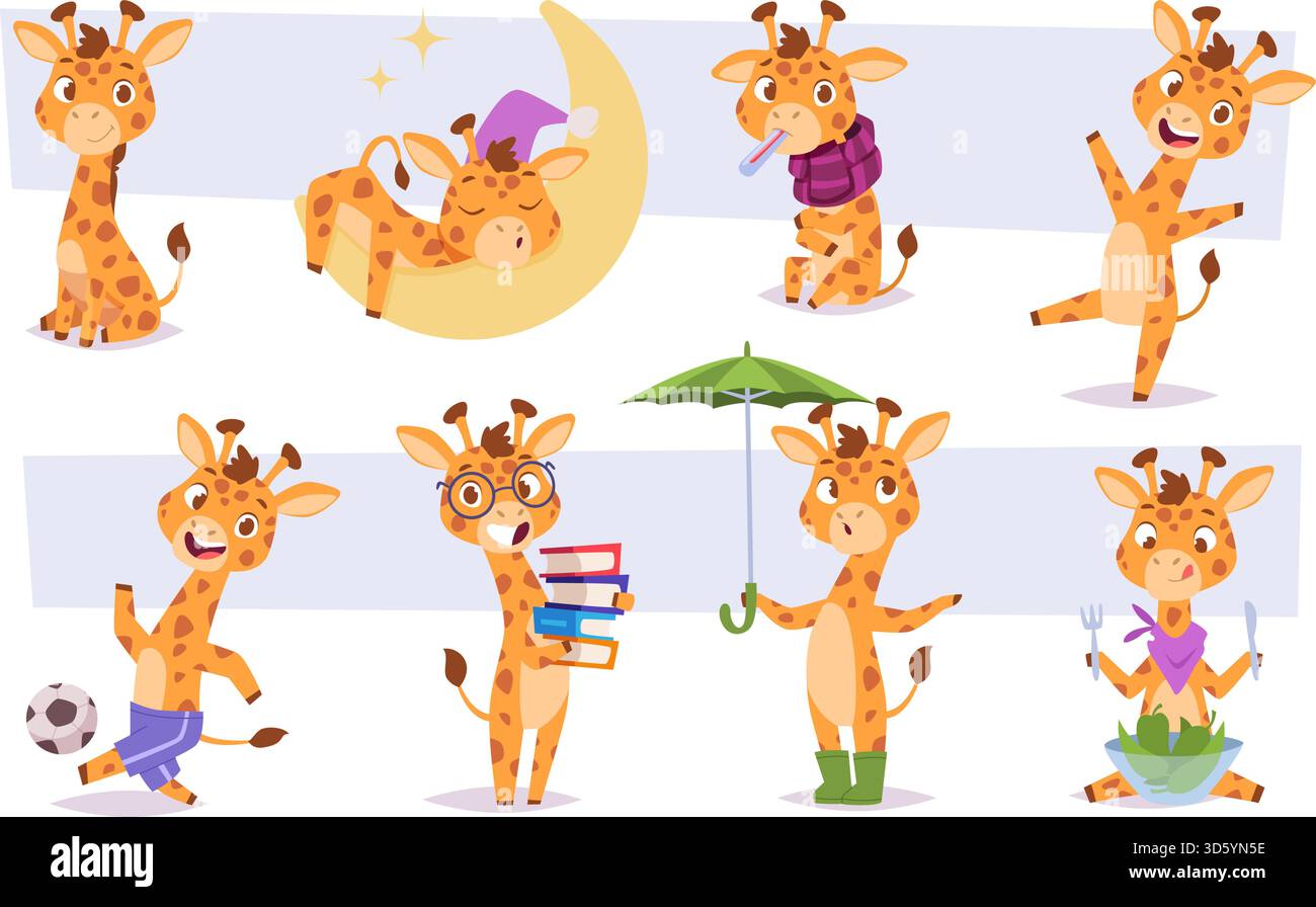 Girafe. Animal de zoo dans différentes poses vecteur exact bébé animal jouant des œuvres d'art originales Illustration de Vecteur