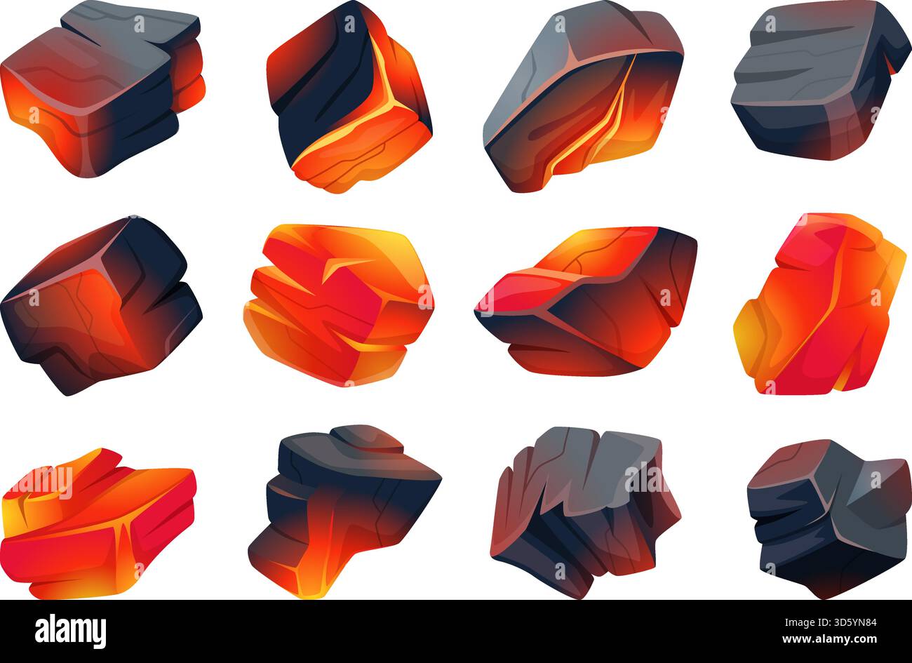 Set de charbon. Morceaux de charbon noir brûlant collection de charbon vecteur exact pour l'œuvre d'art originale de cheminée Illustration de Vecteur